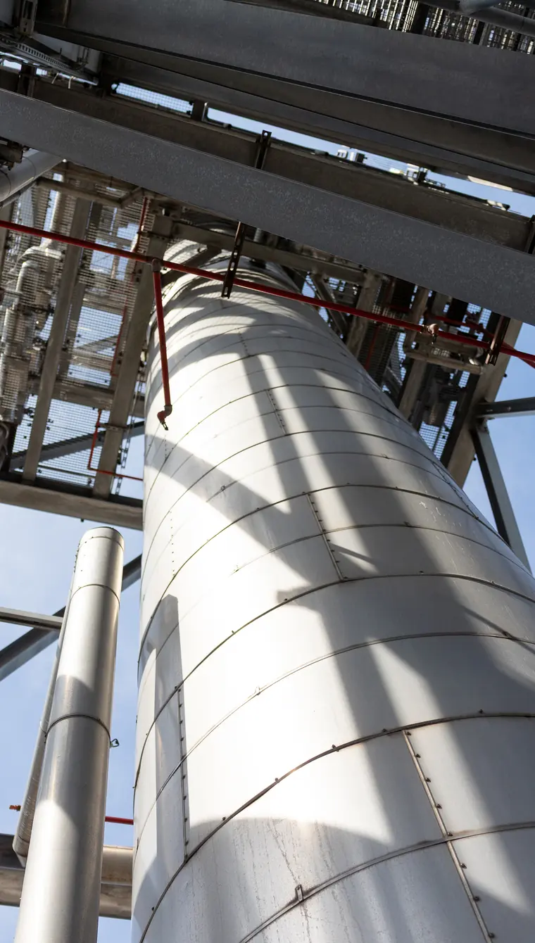 Looking straight up the side of a tall, cladded distillation column, its horizontal seams narrowing toward the walkways and blue sky at the top.