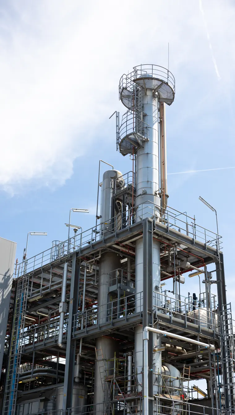 A distillation column and its access platforms rising above the surrounding pipework against a bright, part-clouded sky.